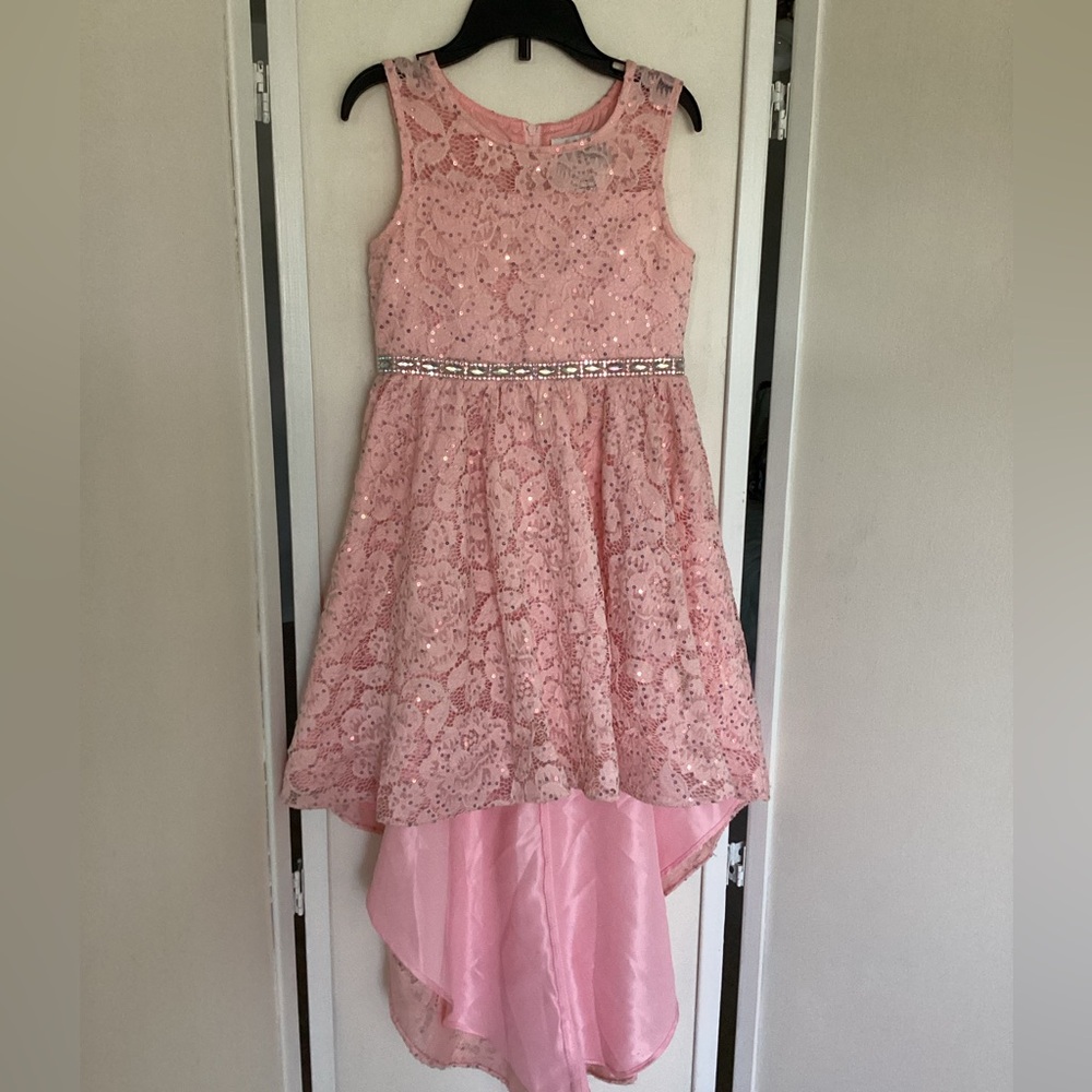 ๐ Girls formal dress Sz 7 pink lace fancy sequins wedding black tie flower girl - Picture 2 of 10